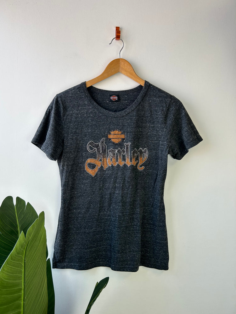 Harley Davidson Grey Rhinestone Logo Tee L