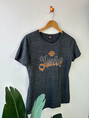 Harley Davidson Grey Rhinestone Logo Tee L